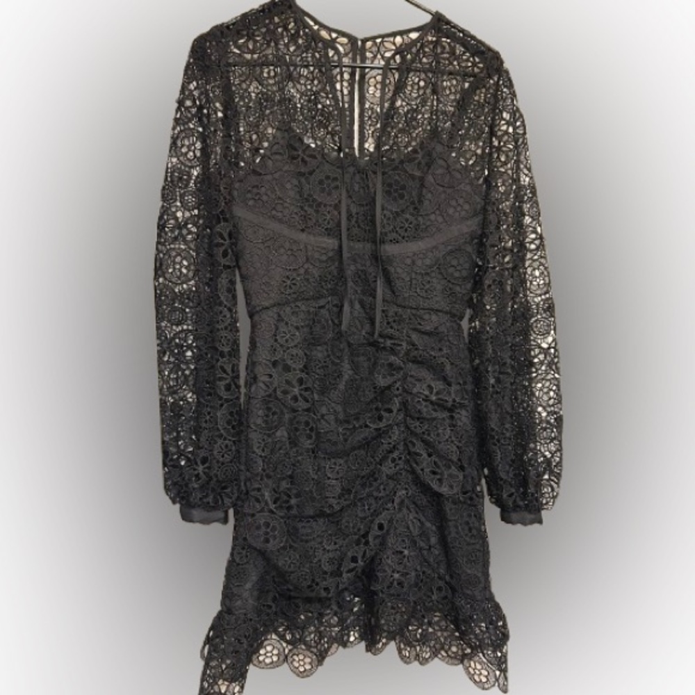 SELF PORTRAIT RUCHED BLACK LACE DRESS